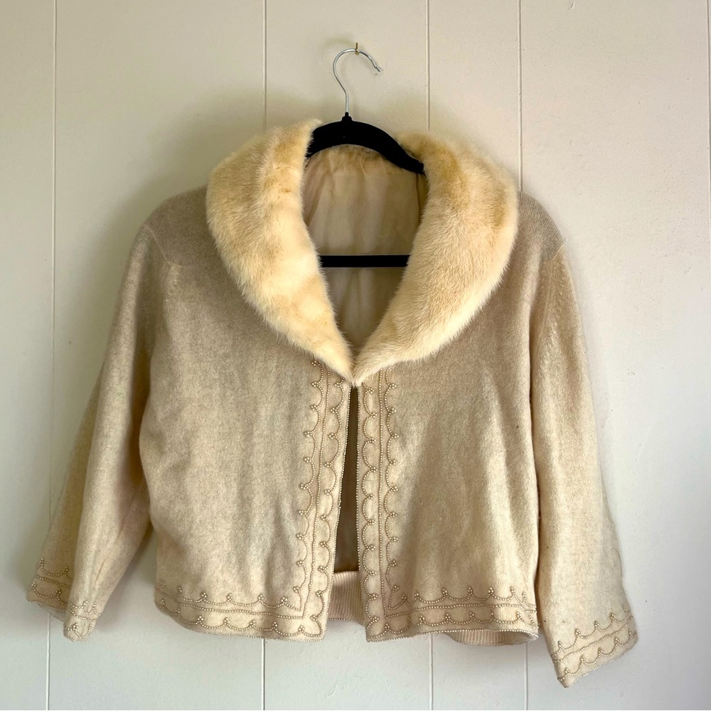 Vintage 1940’s 1950’s Hollywood Cashmere Cardigan with Rabbit Fur Collar